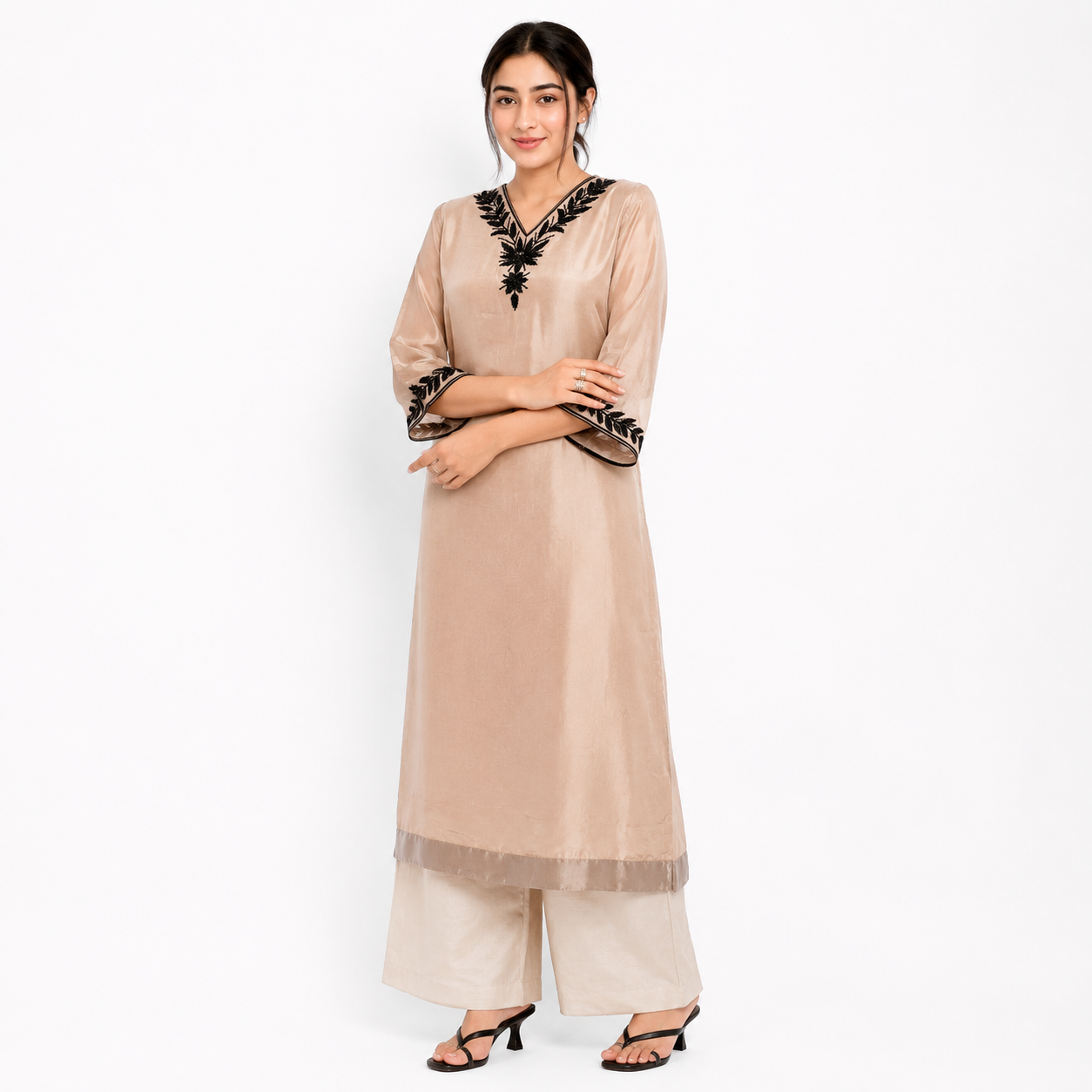Beige Cord Set with Black Embroidered Neckline and Sleeves